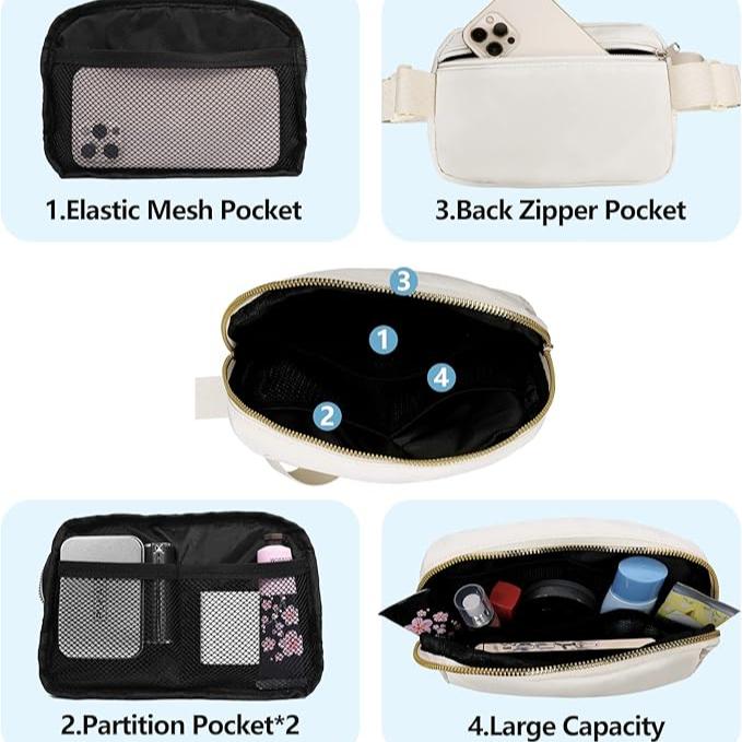 Marsupio bianco multifunzione con tasche in rete elastiche, tasca posteriore con cerniera, divisori interni, grande capacità, ideale per viaggi e sport.