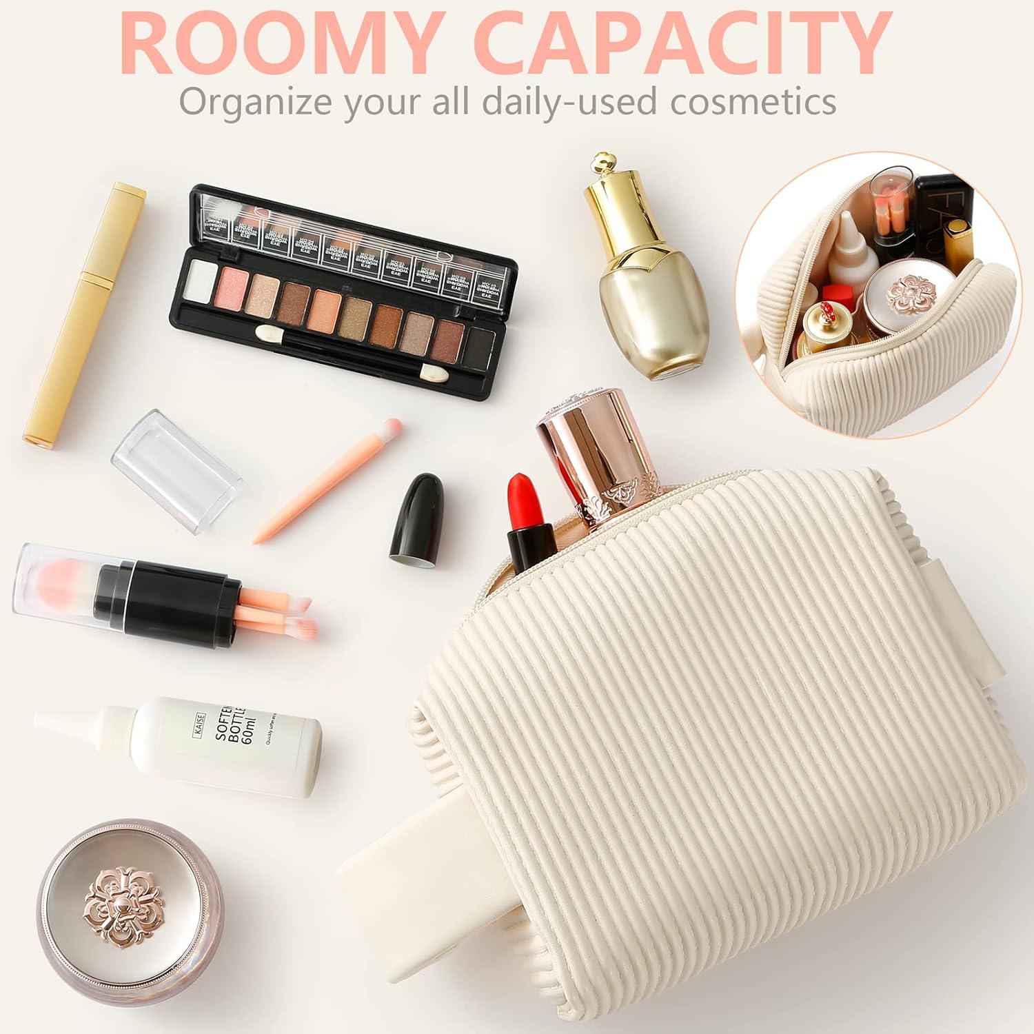 Borsa cosmetica beige a coste con grande capacità, include rossetti, ombretti, siero e pennelli. Ideale per organizzare trucchi quotidiani.