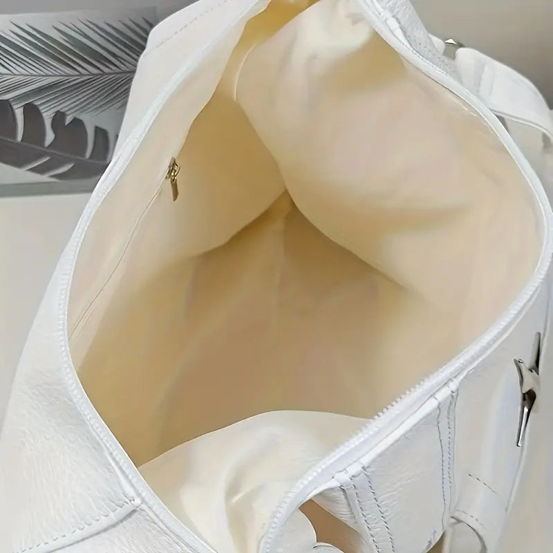 Borsa a tracolla bianca in pelle, interno spazioso con tasca con zip, design elegante e moderno, accessorio moda donna.