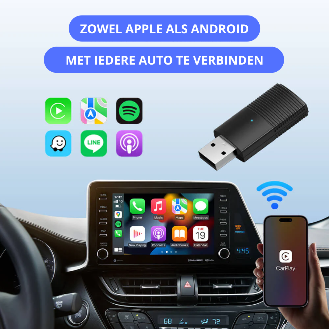 Adattatore USB per auto compatibile con Apple CarPlay e Android Auto, connesso a schermo auto. Icone app: Spotify, Maps, WhatsApp, Line.