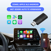 Adattatore USB per auto compatibile con Apple CarPlay e Android Auto, connesso a schermo auto. Icone app: Spotify, Maps, WhatsApp, Line.