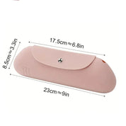 Custodia occhiali rosa in silicone, dimensioni 23x8,5 cm, chiusura a bottone, design elegante e resistente, ideale per protezione occhiali da sole.