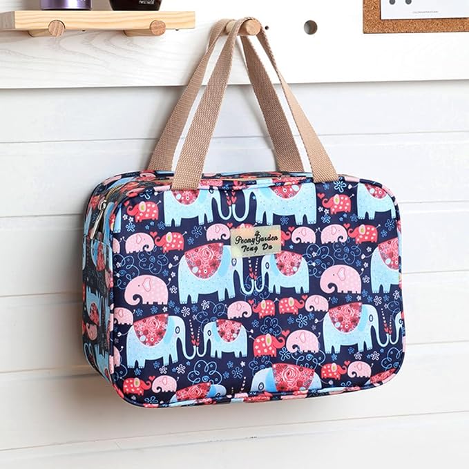 Borsa da viaggio con stampa elefanti colorati, manici beige, design vivace, ideale per organizzare accessori, perfetta per viaggi e uso quotidiano.