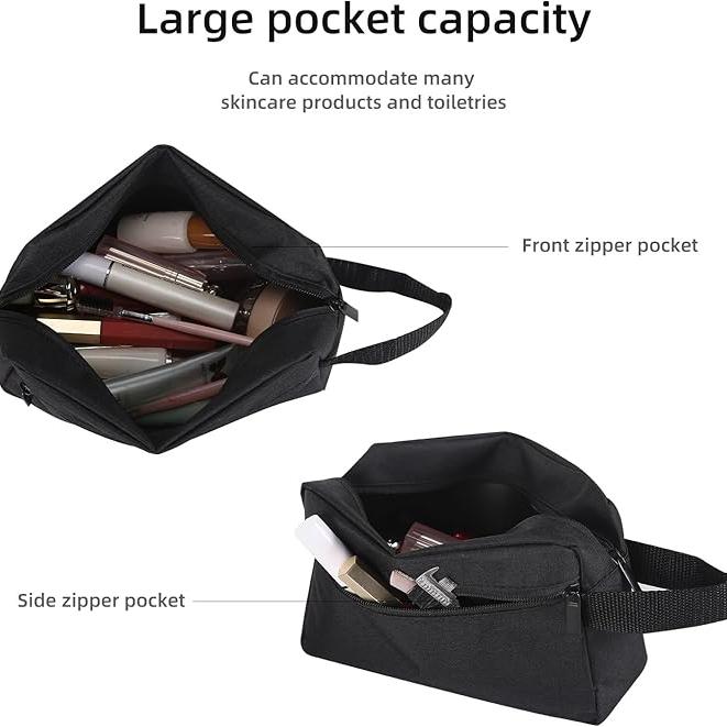 Borsa da toilette nera con grande capacità, tasca frontale e laterale con zip, ideale per prodotti skincare e articoli da toeletta.