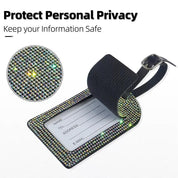 Etichetta bagaglio con strass scintillanti, design elegante, protezione privacy, cinturino regolabile, ideale per valigie e borse da viaggio.