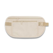 Marsupio da viaggio beige con doppia cerniera, tasche multiple e cintura regolabile. Accessorio ideale per sicurezza e praticità in viaggio.