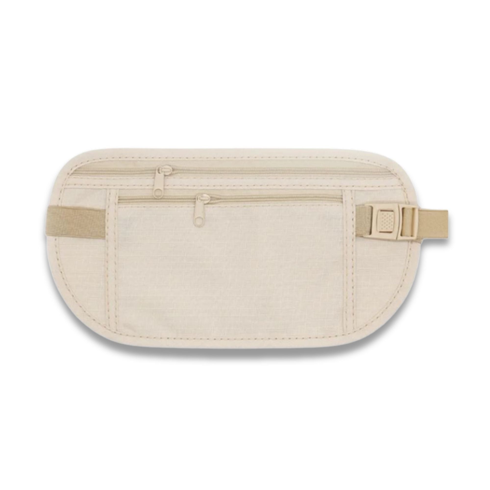 Marsupio da viaggio beige con doppia cerniera, tasche multiple e cintura regolabile. Accessorio ideale per sicurezza e praticità in viaggio.