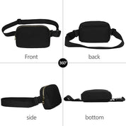 Marsupio nero unisex in tessuto resistente, vista a 360 gradi. Tasche con zip, cinturino regolabile. Ideale per viaggi e attività all'aperto.
