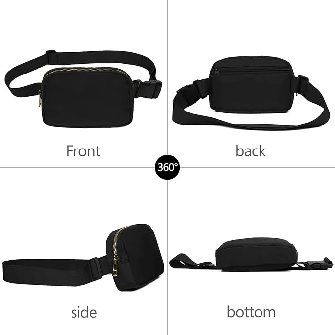 Marsupio nero unisex in tessuto resistente, vista a 360 gradi. Tasche con zip, cinturino regolabile. Ideale per viaggi e attività all'aperto.