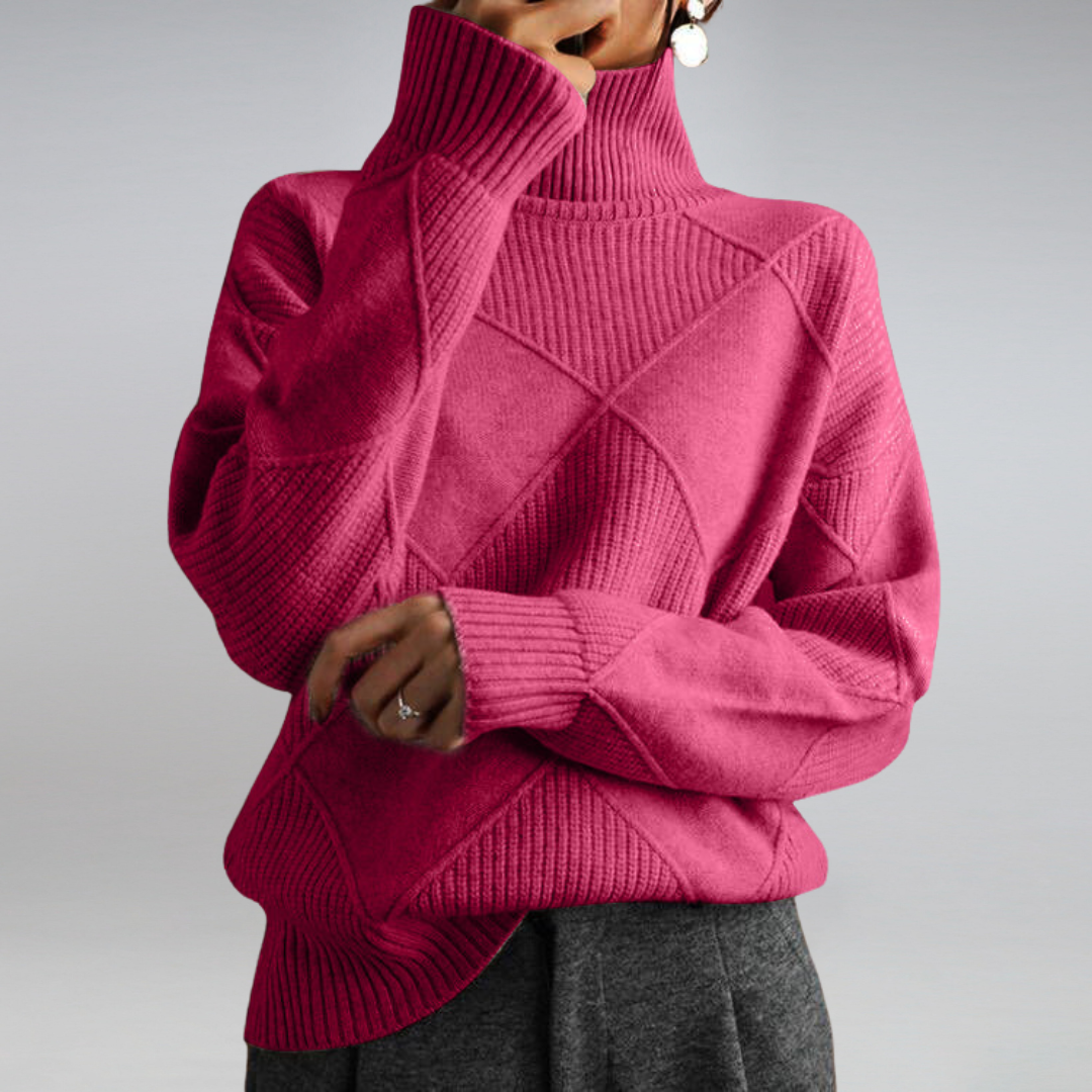 Maglione donna rosa a collo alto, design a quadri, tessuto lavorato a maglia, maniche lunghe, stile casual elegante, perfetto per l'inverno.