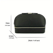 Astuccio cosmetico nero in pelle PU con cerniera dorata, dimensioni 24x15x8,5 cm. Elegante e compatto, ideale per viaggi e organizzazione trucco.
