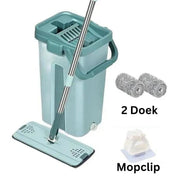 Set pulizia pavimenti con secchio verde, mocio piatto, due panni in microfibra e supporto Mopclip. Ideale per pulizia domestica efficiente.