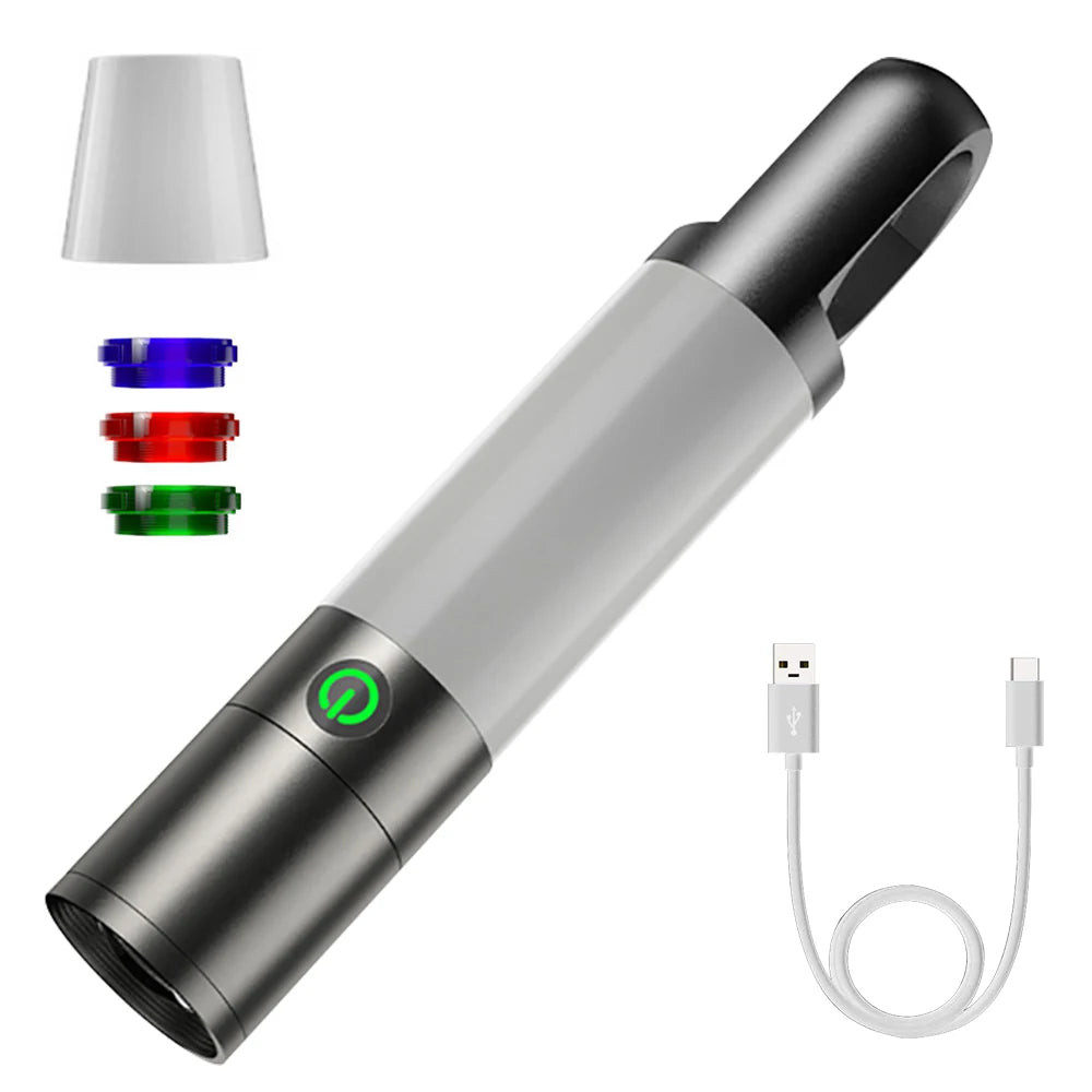 Torcia LED ricaricabile USB con luce regolabile, include filtri colorati rosso, verde, blu e cavo di ricarica. Ideale per campeggio e emergenze.