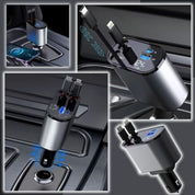 Caricatore auto multifunzione con porte USB e Type-C, display LED, design compatto, ricarica rapida per smartphone e dispositivi elettronici.
