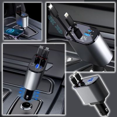 Caricatore auto multifunzione con porte USB e Type-C, display LED, design compatto, ricarica rapida per smartphone e dispositivi elettronici.
