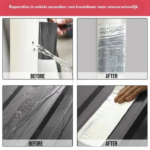 Nastro adesivo impermeabile per riparazioni rapide, prima e dopo l'applicazione su superfici danneggiate, resistente all'acqua e durevole.