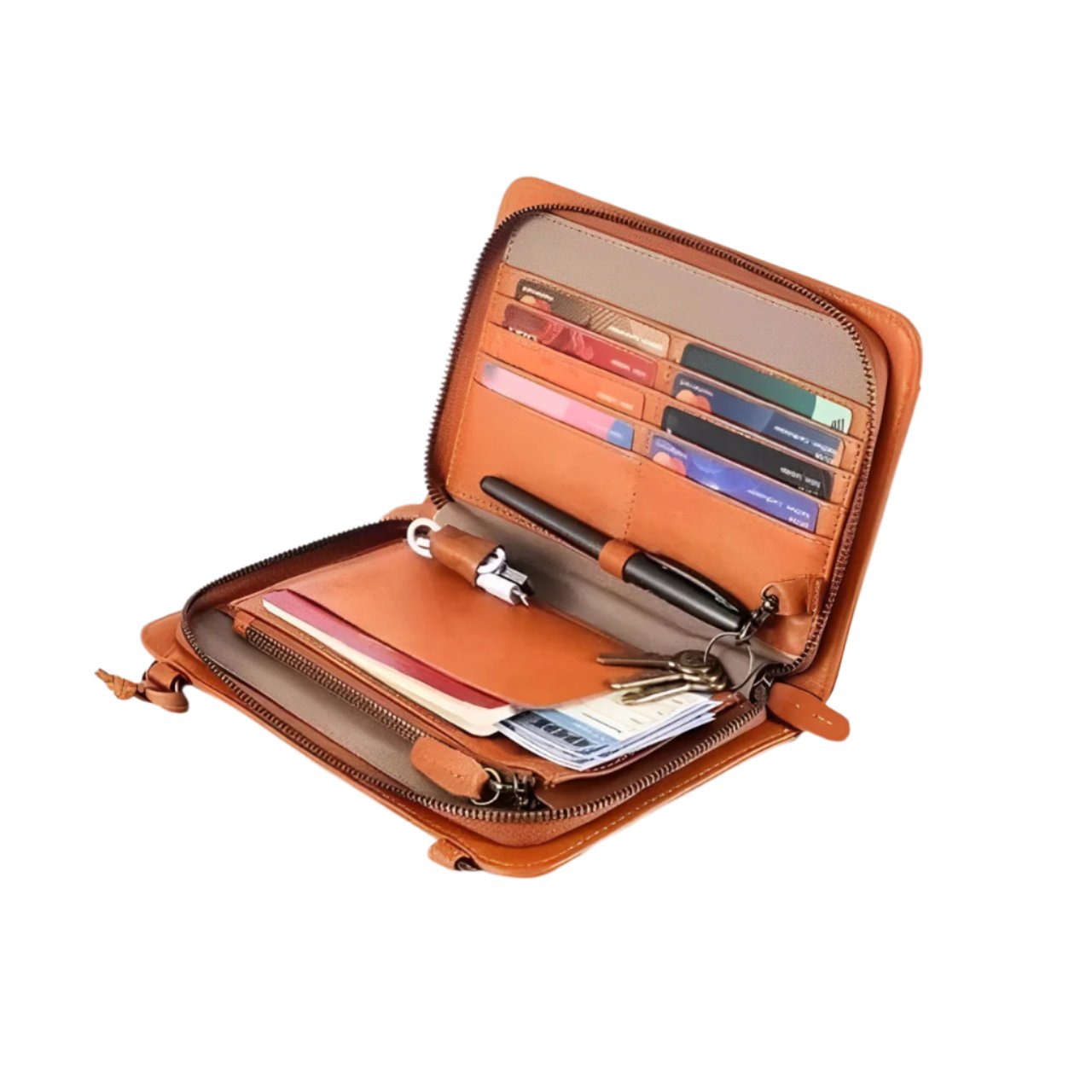 Portafoglio in pelle marrone aperto con scomparti per carte di credito, banconote e portachiavi. Design elegante e funzionale per organizzazione quotidiana.