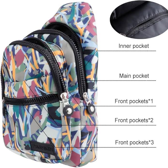 Zaino multicolore con tasche multiple, design astratto, chiusure lampo nere, tasca interna, tasca principale e tre tasche frontali.
