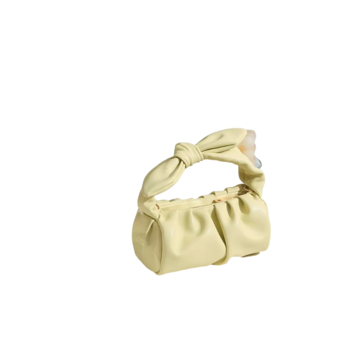 Borsa a mano in pelle gialla con manico annodato, design elegante e moderno. Accessorio moda donna, perfetto per look estivi e casual chic.