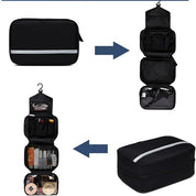 Borsa da viaggio nera con gancio, multi-scomparto, pieghevole, ideale per organizzare cosmetici e accessori. Design compatto e pratico.