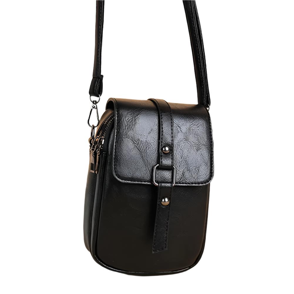 Borsa a tracolla in pelle nera, design elegante e compatto, chiusura con fibbia, ideale per uomo, accessorio moda versatile e pratico.