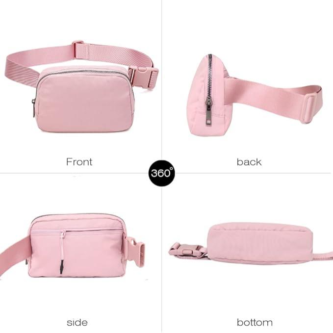 Marsupio rosa in tessuto, vista a 360 gradi. Mostra fronte, retro, lato e fondo. Design compatto con cerniera, ideale per moda e praticità.
