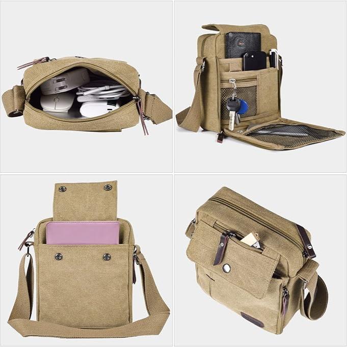 Borsa a tracolla in tela beige, multi-scomparto, con tasche per tablet, smartphone e accessori. Design pratico e resistente, ideale per viaggi.