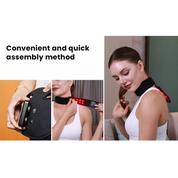 Collare massaggiante a LED per collo, donna in abbigliamento sportivo, metodo di assemblaggio rapido, sollievo dal dolore, benessere, relax.