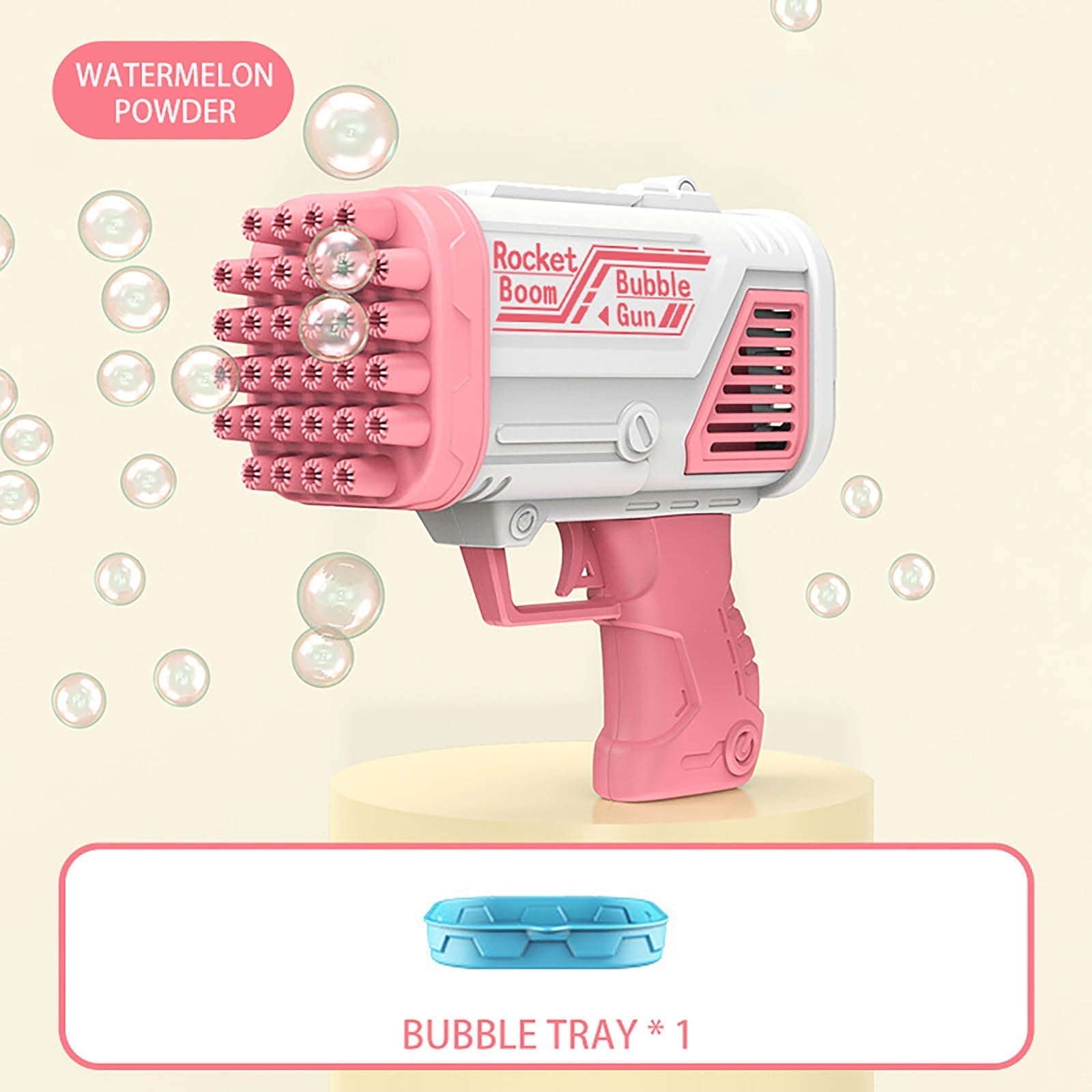 Pistola sparabolle rosa e bianca con vassoio per bolle, design a razzo, include polvere al gusto di anguria. Giocattolo estivo per bambini.