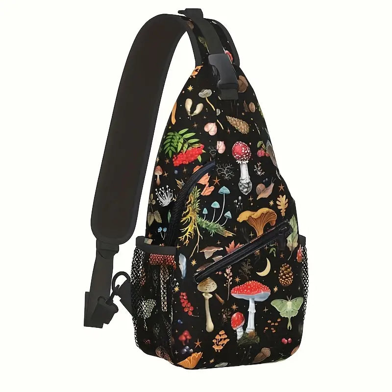 Zaino a tracolla nero con stampa colorata di funghi e piante, tasche laterali in rete, ideale per escursioni e uso quotidiano.