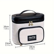 Borsa termica bianca con manico nero, tasca frontale con scritta "FAITH", dimensioni 24x13x20 cm. Ideale per pranzo, picnic, viaggio.