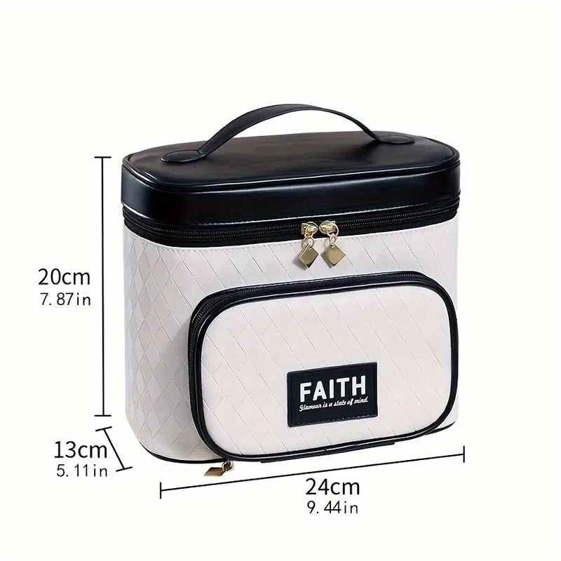 Borsa termica bianca con manico nero, tasca frontale con scritta "FAITH", dimensioni 24x13x20 cm. Ideale per pranzo, picnic, viaggio.