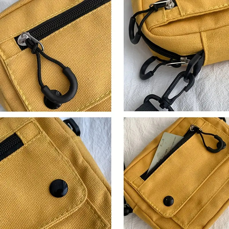 Borsa a tracolla gialla in tela con tasche multiple, cerniere nere e dettagli in plastica. Design pratico e moderno per uso quotidiano.
