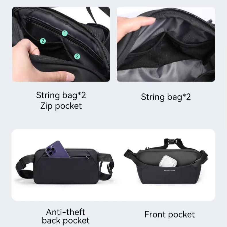 Borsa a tracolla nera con tasche multiple: tasche con cerniera, tasche con cordino, tasca frontale e posteriore antifurto. Design pratico e sicuro.
