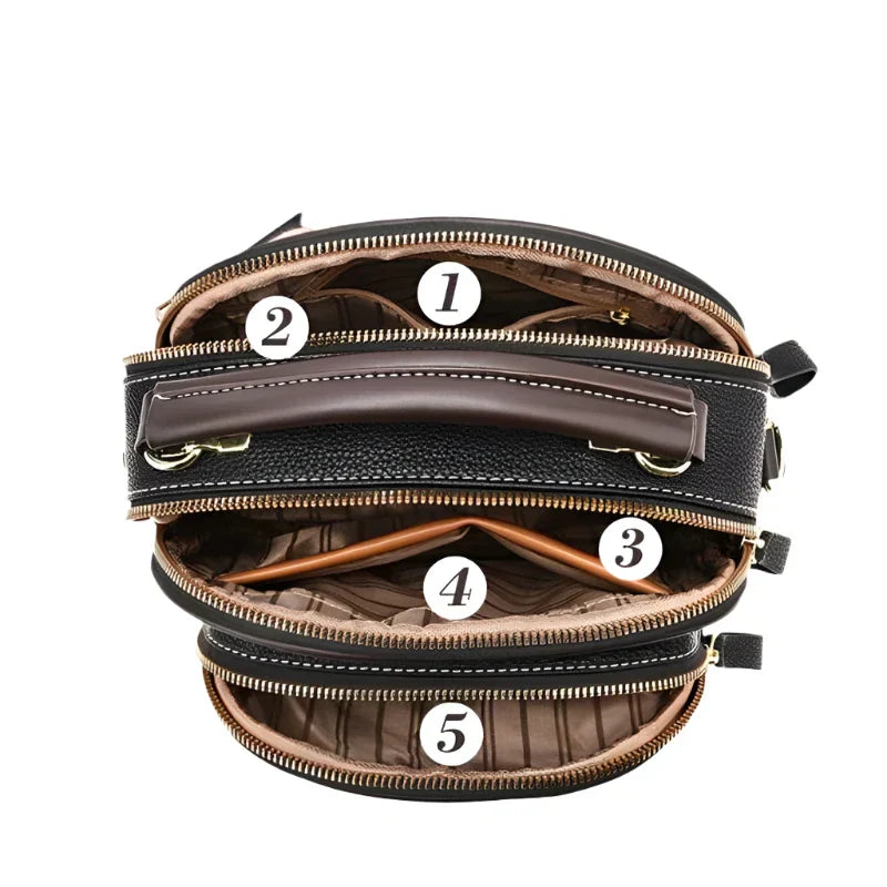 Borsa a tracolla in pelle nera con cinque scomparti numerati, cerniere dorate, design elegante e funzionale, ideale per organizzazione e stile.