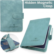 Custodia passaporto in pelle blu con chiusura magnetica nascosta, design elegante e funzionale, ideale per viaggiatori, protezione documenti.