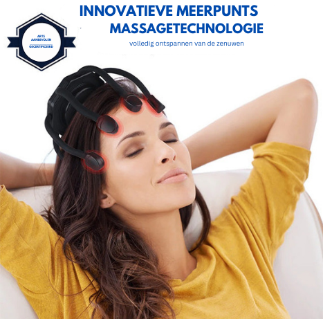 Donna rilassata con dispositivo massaggiante per testa, tecnologia innovativa, multi-punti, indossato su capelli castani, maglia gialla.
