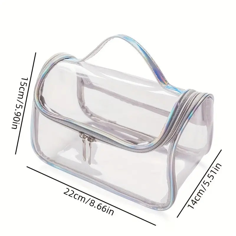 Borsa trasparente in PVC con cerniera, dimensioni 22x15x14 cm, ideale per viaggi, cosmetici, articoli da toeletta, resistente e impermeabile.