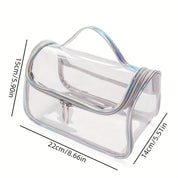 Borsa trasparente in PVC con cerniera, dimensioni 22x15x14 cm, ideale per viaggi, cosmetici, articoli da toeletta, resistente e impermeabile.