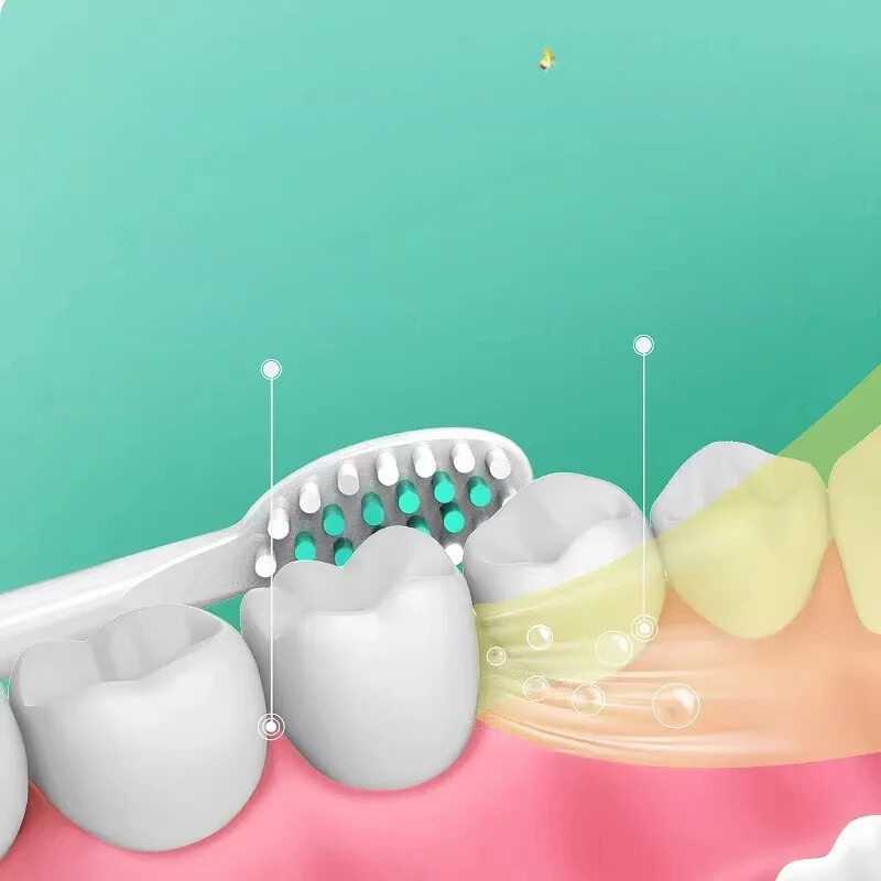 Spazzolino da denti bianco pulisce denti bianchi su gengive rosa, sfondo verde. Igiene orale, cura dentale, salute denti.