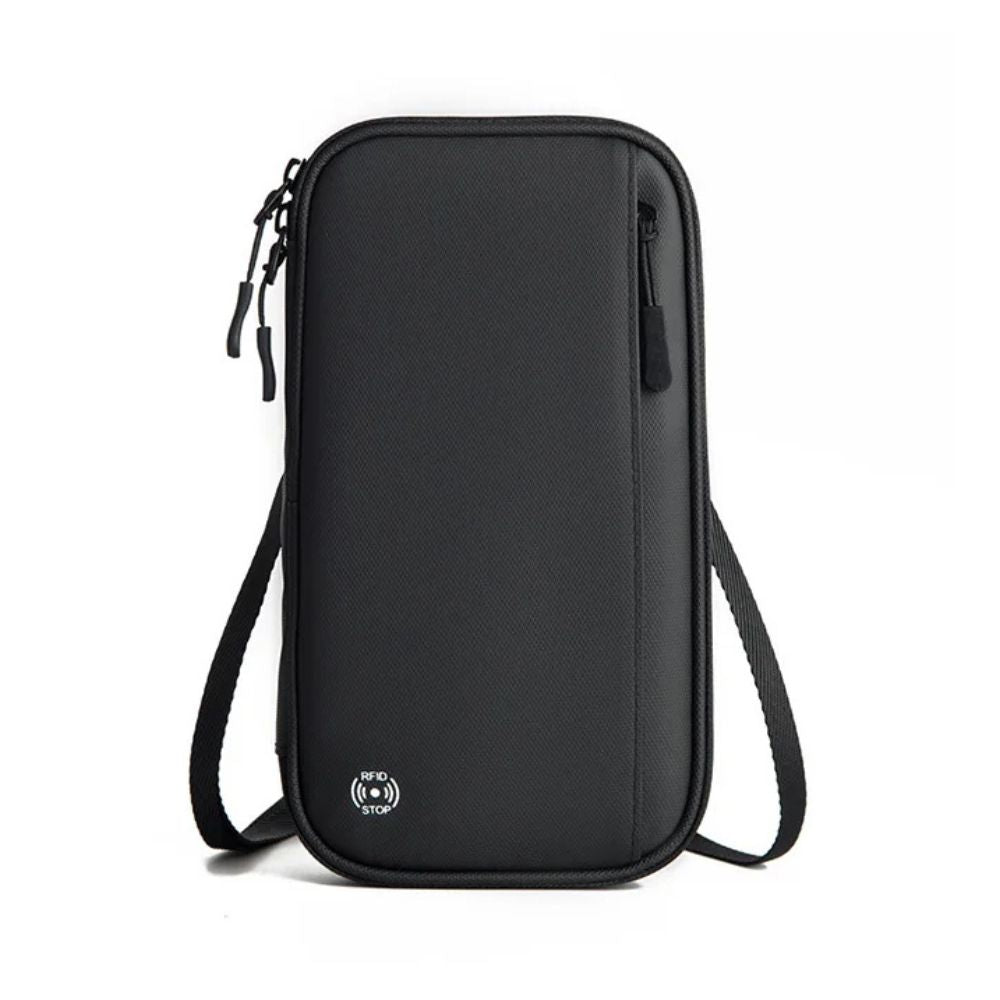 Borsa a tracolla nera con protezione RFID, tasca frontale con zip, design elegante e compatto, ideale per viaggi e uso quotidiano.