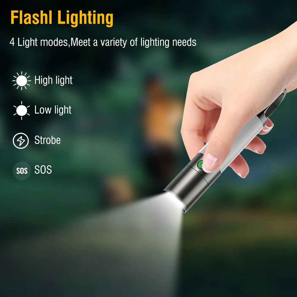 Torcia portatile a LED con quattro modalità di illuminazione: alta, bassa, strobo e SOS. Design ergonomico, ideale per campeggio e emergenze.