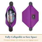 Astuccio da viaggio viola pieghevole, compatto, con prodotti cosmetici all'interno. Design salvaspazio ideale per valigie.