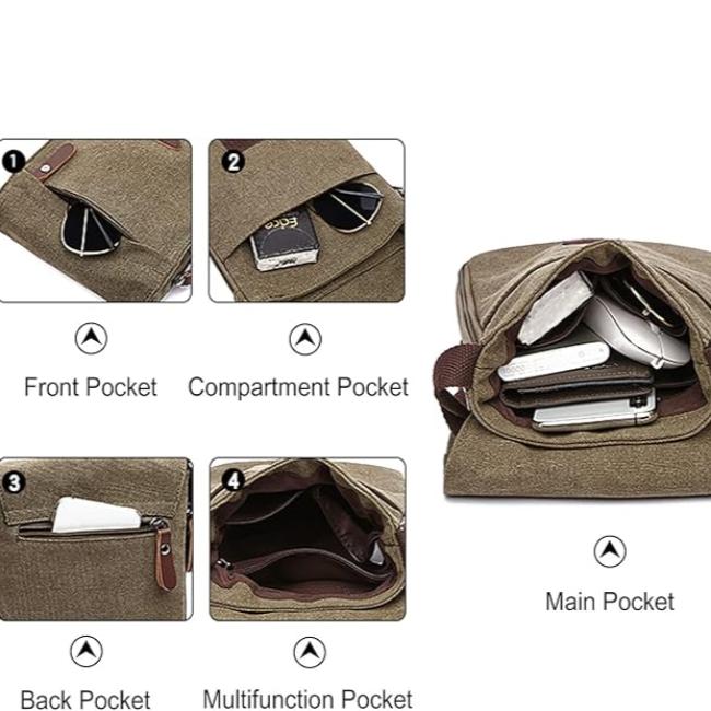 Borsa a tracolla in tela marrone con tasche multiple: frontale, compartimento, posteriore e principale. Ideale per smartphone, portafogli e accessori.