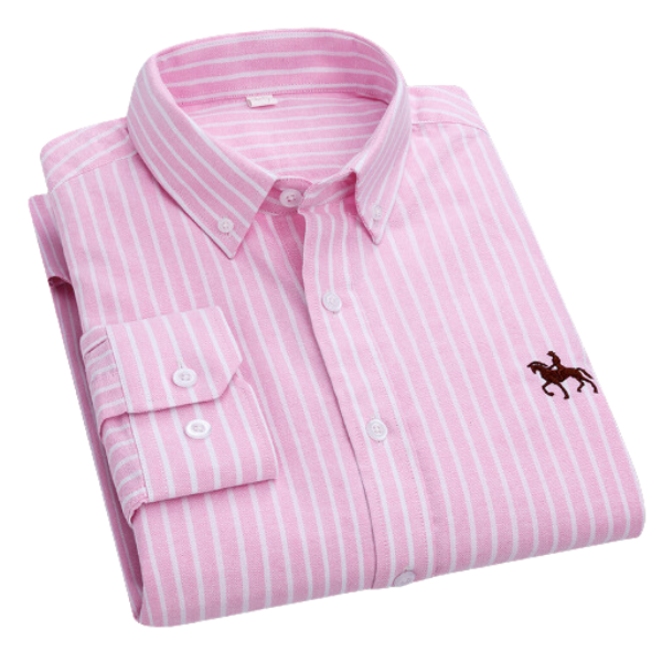 Camicia uomo a righe rosa e bianche, manica lunga, colletto button-down, logo ricamato, elegante e casual, 100% cotone.