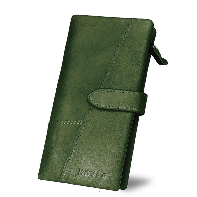 Portafoglio donna in pelle verde, design elegante con chiusura a bottone, ideale per moda e accessori, alta qualità e stile raffinato.