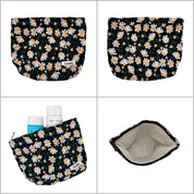 Borsa cosmetica floreale con margherite bianche su sfondo nero, chiusura a zip, ideale per viaggi, organizer da bagno, accessori inclusi.
