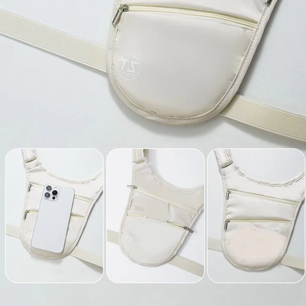 Marsupio bianco con tasche multiple, cerniere dorate, design elegante e compatto. Ideale per smartphone e accessori. Accessorio moda unisex.