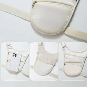 Marsupio bianco con tasche multiple, cerniere dorate, design elegante e compatto. Ideale per smartphone e accessori. Accessorio moda unisex.