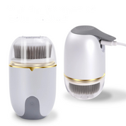 Spazzola elettrica per pulizia viso, design compatto, ricaricabile USB, setole morbide, colore bianco e grigio, ideale per cura della pelle.